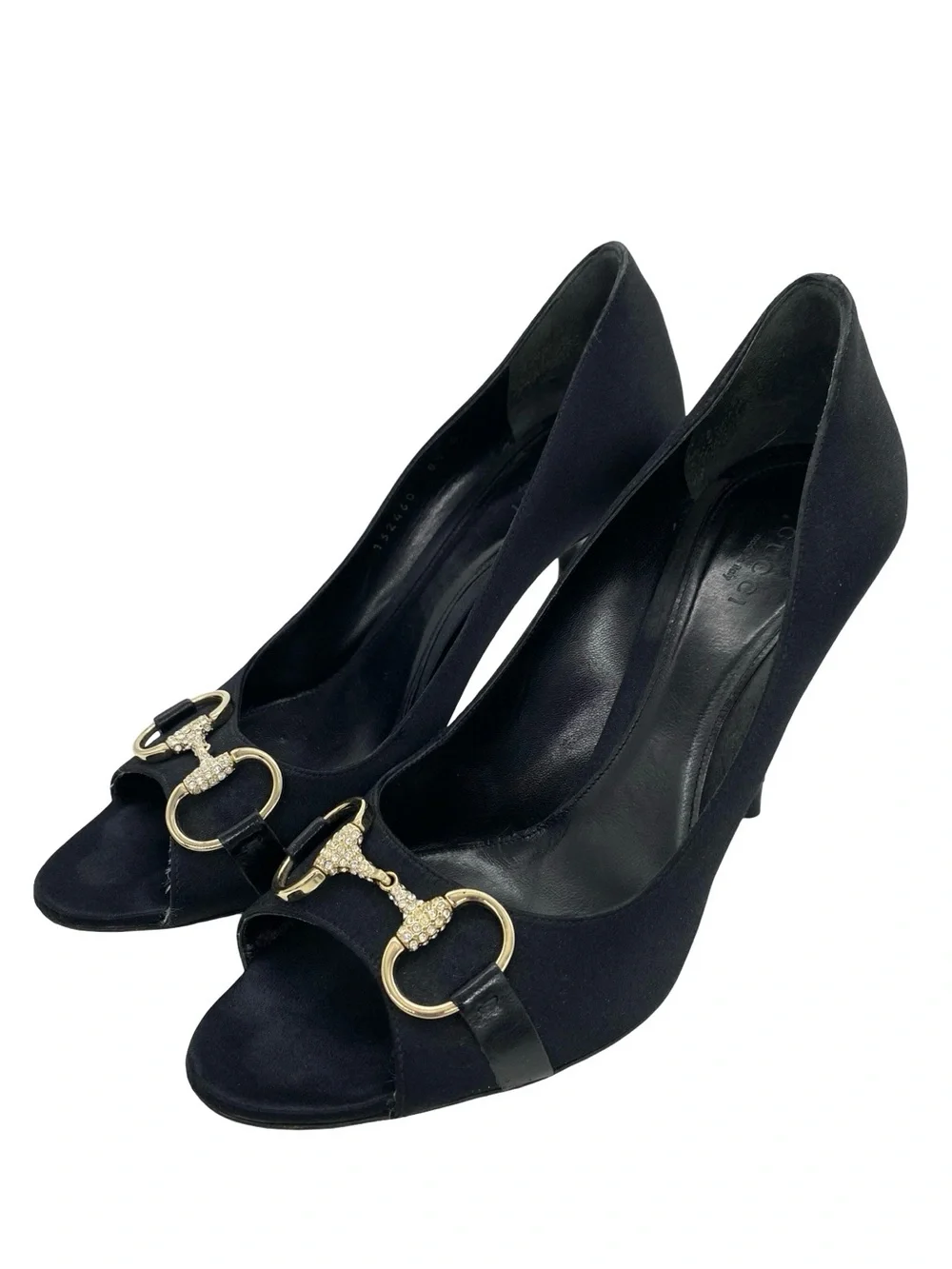 Gucci Black Satin Horsebit Peep Toe Pumps Size 8.5
